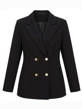 Double-Breasted Lined Blazer, Shoulder Pads, Women’s M (6), Black Gold Buttons